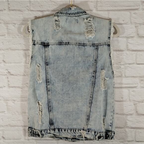 A Chiqle Denim Architect Light Acid Wash Distressed Ripped Denim Jean Vest S - Picture 6 of 11
